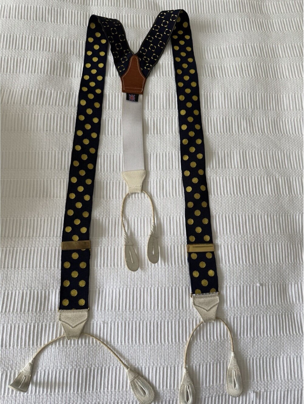 Albert Thurston Mens Suspenders Braces Navy Blue Gold Polka Dot Silk Y Back
